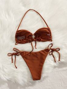 全新软包装纯色金属环环吊带优雅派对比基尼套装夏季海滩时尚女士比基尼