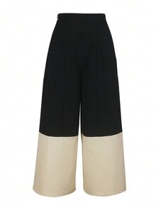 Women's Regular Waist Pocket Contrast Color Pants, Polyester Fabric, Machine Washable - Black and White - View 3