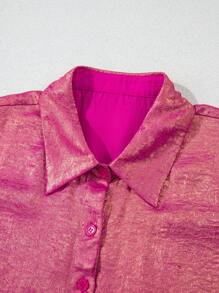 Acelitt Rose Red Metallic Sheen Short Sleeve Button-Up Casual Shirt - Pink - View 5
