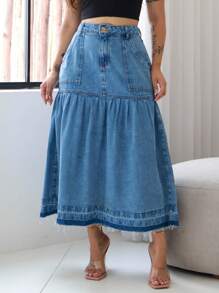Women's Long Denim Skirt With Pockets - Rửa trung bình - Xem 1