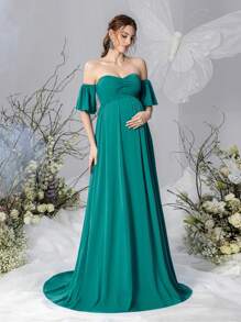 Faeriesty Dressalisa Maternity Off Shoulder Ruffle Formal Party Dress - Green - View 4