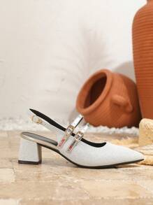 2025 Spring/Summer New Pointy Toe Silver High Heel Shoes, Thick Heel Strap Mary Jane Women Sandals, Open-Toe