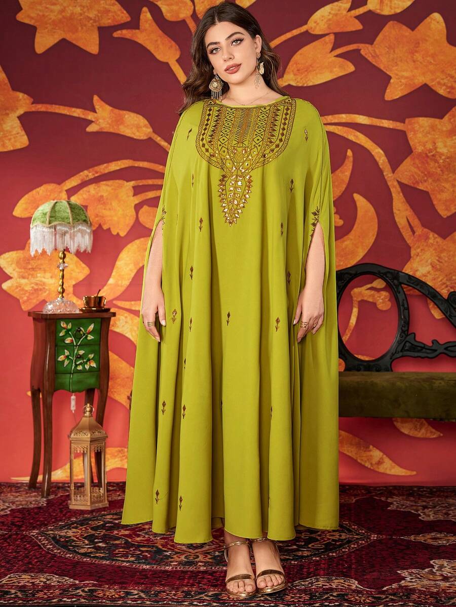 Plus Size Women's Solid Color Round Neck Embroidered Beaded Glamorous Arabic Style Abayas, Modest - Fruit Green - View 1