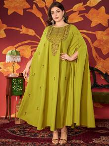 Plus Size Women's Solid Color Round Neck Embroidered Beaded Glamorous Arabic Style Abayas, Modest - Fruit Green - View 5