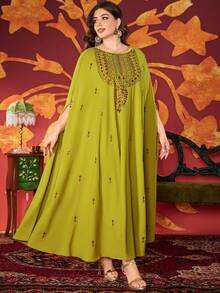 Plus Size Women's Solid Color Round Neck Embroidered Beaded Glamorous Arabic Style Abayas, Modest - Fruit Green - View 4