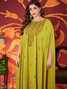 Plus Size Women's Solid Color Round Neck Embroidered Beaded Glamorous Arabic Style Abayas, Modest - Fruit Green - View 6