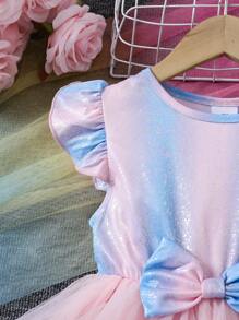 Girls' Cute Layered Cake Design Gradient Color Knit Fabric Round Neck Ruffle Hem Princess Dress, Fashion & Graceful, Summer - Pink - View 3