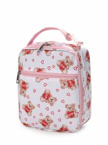 儿童可爱全印花独角兽、熊、心、草莓女孩保温午餐袋，可重复使用的紧凑型冷藏手提包，适合男孩和女孩在学校、户外、节日和生日携带午餐 - 均碼 - 查看 15