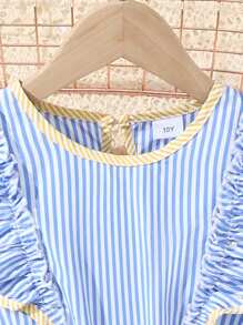 Vestido de bloco de cores listrado casual com decote redondo sem mangas e cinto para meninas pré-adolescentes - Azul - Ver 3