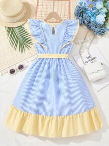 Vestido de bloco de cores listrado casual com decote redondo sem mangas e cinto para meninas pré-adolescentes - Azul - Ver 2