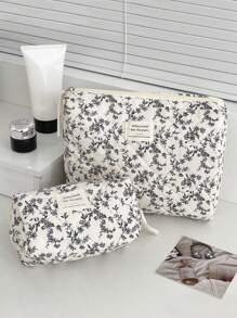 1 Pieza/Set Bolso de maquillaje estilo coreano con estampado floral diminuto negro y cordones decorativos Bolsa de almacenamiento grande y portátil multifuncional para cosméticos, cuidado de la piel, crema solar, esmalte de uñas, joyas, audífonos, artículos pequeños. Regalo ideal para damas de honor, cumpleaños, San Valentín, hermana, amante y amiga