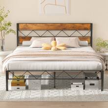 VECELO Single Size Bed Frame With Wooden Headboard, Steel Slat Support, Modern Platform Bed, Easy Assembly - Brown - View 2