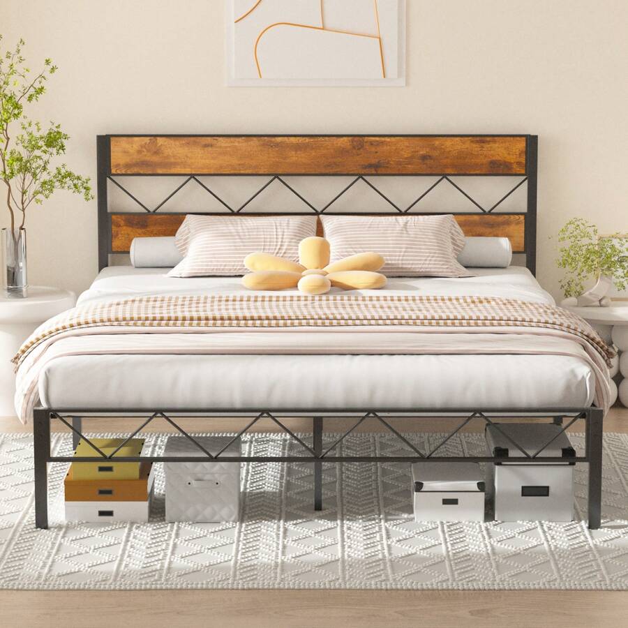 VECELO Single Size Bed Frame With Wooden Headboard, Steel Slat Support, Modern Platform Bed, Easy Assembly