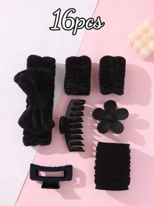 16 piezas Accesorios de color rosa que incluyen: diadema acolchada con forma de onda, muñequera, scrunchie esponjoso, pinza para el cabello con flor