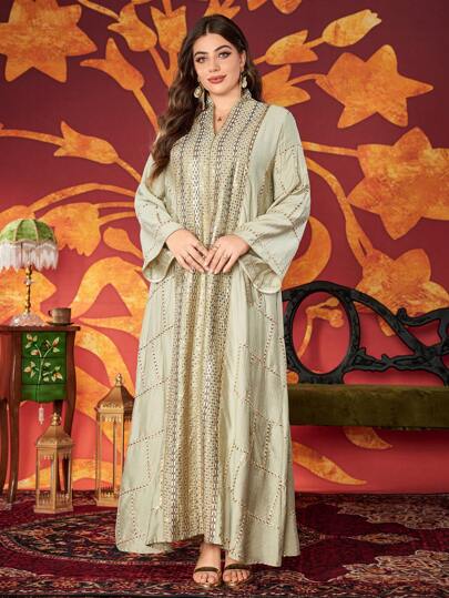 大码女式优雅V领刺绣亮片阿拉伯风格长款连衣裙，端庄的卡夫坦