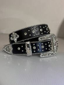 Latest Rhinestone Decorated Belt, Y2K Fully Rhinestone Bling Bling Belt, Cross Rhinestone Punk Belt, Sequin Rivet Punk Belt, Fashion Versatile - Multicolor - View 7