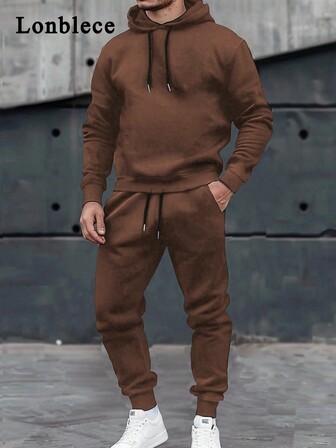 Lonblece 2pcs Men's Hoodie & Sweatpants Set, Knit Tracksuit For Casual Everyday And Sports Wear, Fall Clothes