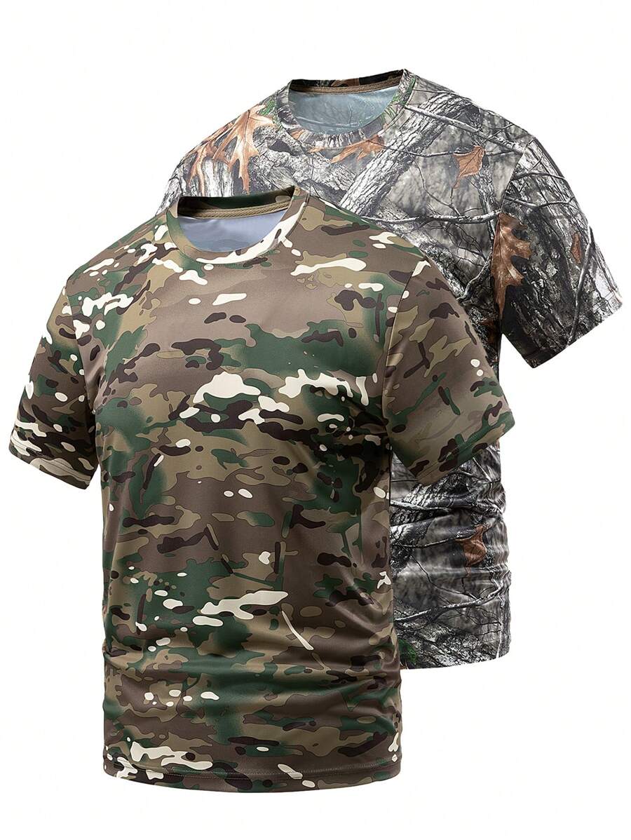 Camiseta de manga corta para hombres con camuflaje biónico para actividades al aire libre como caza y pesca
