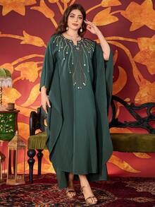 Plus Size Women V-Neck Elegant Beaded Arabic Style Dress - Dark Green - View 5