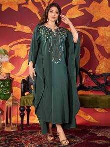 Plus Size Vrouwen V-hals Elegante Kralen Arabische Stijl Jurk