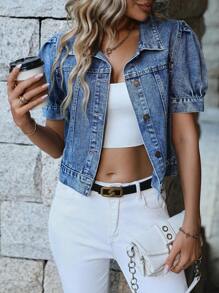 Women Front Button Short Sleeve Simple Denim Jacket, Casual Everyday Wear