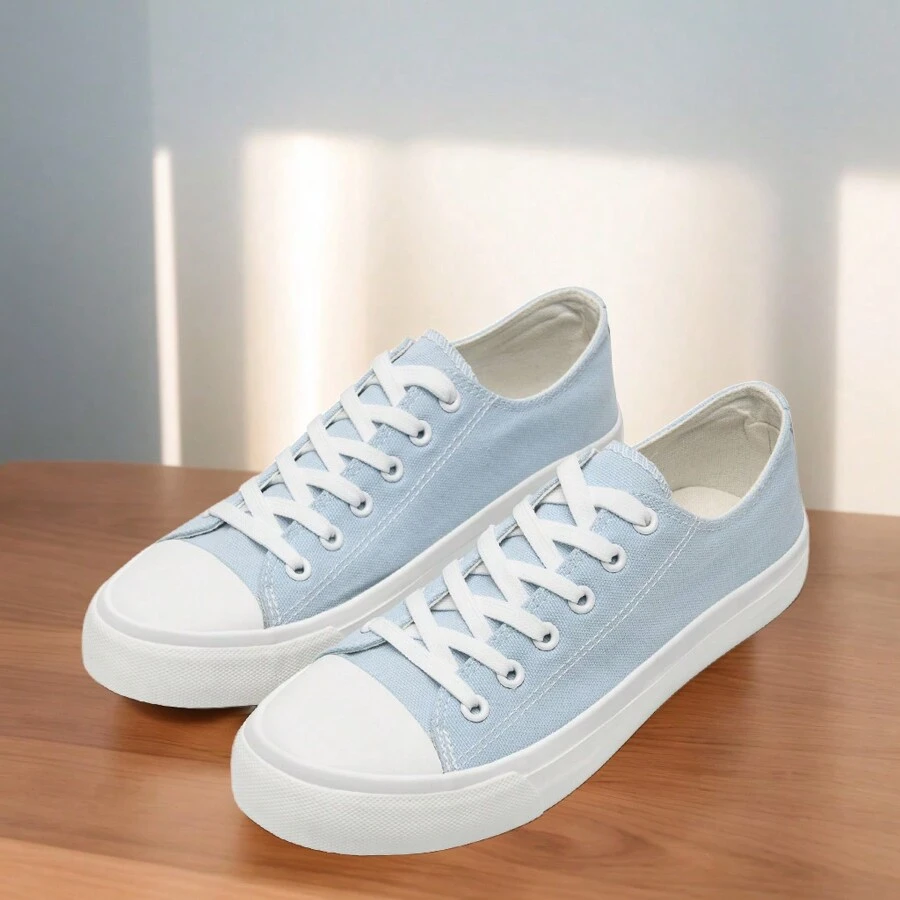 Ladies Canvas Shoes Men Women, Unisex Lace Up Plimsolls Pumps Low Top Trainers For Men Casual Sneakers Canvas Plimsoles Flat Shoes - Light Blue - View 1