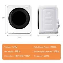BackID 800W Compact Laundry Dryers 1.6 Cu.Ft Front Load Electric Clothes Dryers Machine With Stainless Steel Tub For Apartment, RVs, Dorms, White Easy Control - Xem 4