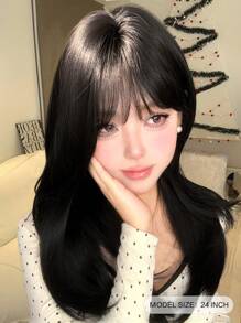 alicegarden 1 Synthetic Heat-Resistant ,Long Straight Black-Brown Wig , With Bangs ,24 Inches Long, Made Of Fiber, Suitable For Daily Use, Natural And Realistic Fake Hair(Excluding Accessories) - Black-brown - View 2