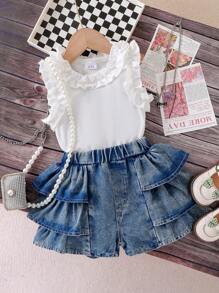 2pcs Young Girl Sweet Floral Trim Sleeveless Top And Ruffle Trim Playful Denim Shorts Set, Summer