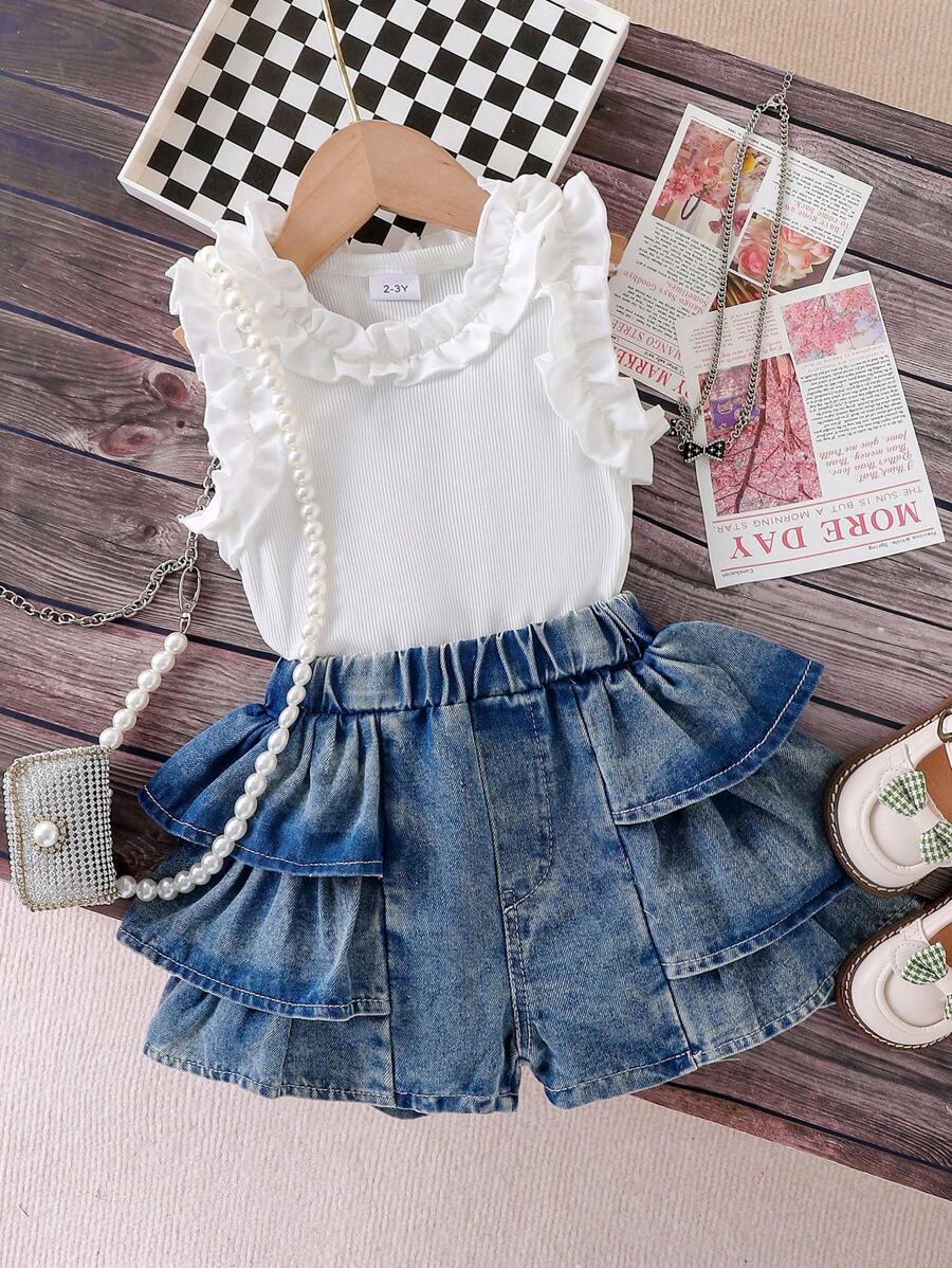 2pcs Young Girl Sweet Floral Trim Sleeveless Top And Ruffle Trim Playful Denim Shorts Set, Summer