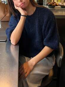 Women's Spring Autumn Knit Sweaters Half Sleeve O Neck Solid Color Casual Knitwear - Navy Blue - View 4
