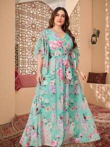 SUPGIR 加大码花卉印花 V 领雪纺荷叶边袖褶腰优雅连衣裙派对礼服婚礼宾客礼服正式礼服晚礼服 - 綠色 - 查看 7