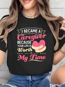 I Became A Caregiver Print T-Shirt, Casual Crew Neck Short Sleeve Comfort Tee Top For Spring & Summer, Women's Clothing - 黑色 - 查看 1
