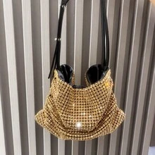 Juego de cartera y bolso de lujo de diseñador, embrague de noche con brillantes diamante de imitación, bolso de hombro minimalista con cadena - Dorado - Ver 5