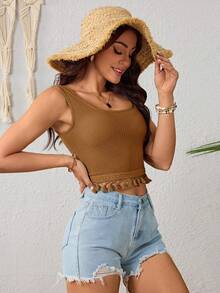 Top De Depósito Casual Corto De Verano Para Mujer Con Unicolor,Top Trenzado,Top Corto Ribete Con Fleco - Caqui - Ver 4