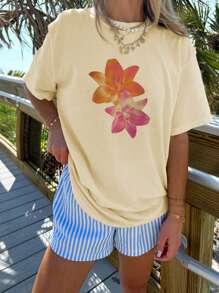 Girls' Casual Floral Print Crew Neck Short Sleeve T-Shirt, Suitable For Summer Student Wear, An Ideal Choice For Children's Clothing. The Floral Pattern Provides A Unique T-Shirt For Girls Who Love Flowers And Want To Stand Out! Girls' Graphic T-Shirt, Summer Top, Suitable For Teenage Girls To Wear. - Apricot - View 3