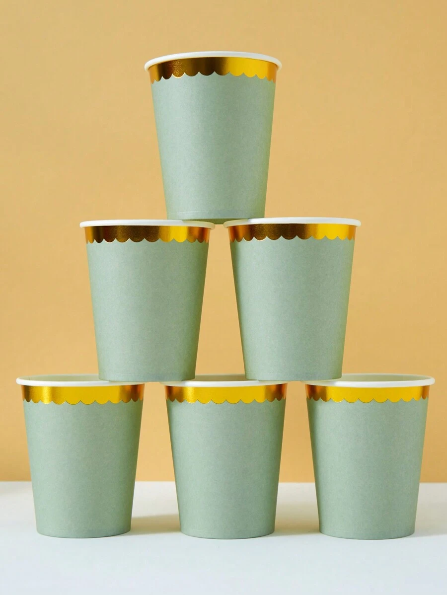 10 piezas/25 piezas Vasos de papel desechables, vasos de papel con borde floral verde salvia y dorado, adecuados para fiestas de cumpleaños, reuniones familiares, picnics, decoración de fiestas - Multicolor - Ver 1