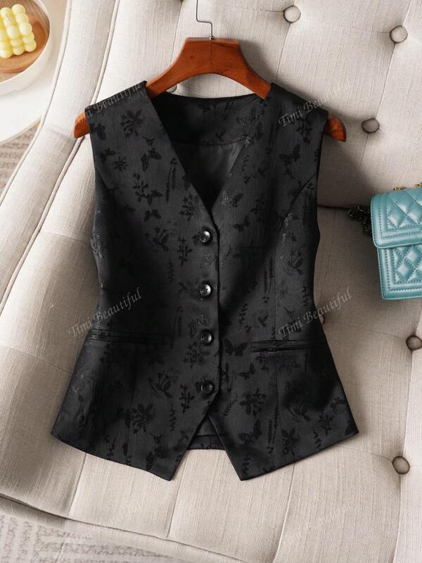 1 pieza Elegante chaleco de mujer con escote en V y estampado floral, blazer de manga corta de poliéster con bolsillos falsos, chaleco de moda de primavera/otoño de abotonadura sencilla
