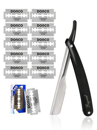 男女通用折叠旅行直刃剃须刀套装，配有超薄不锈钢双面刀片，适合家庭和沙龙美容使用