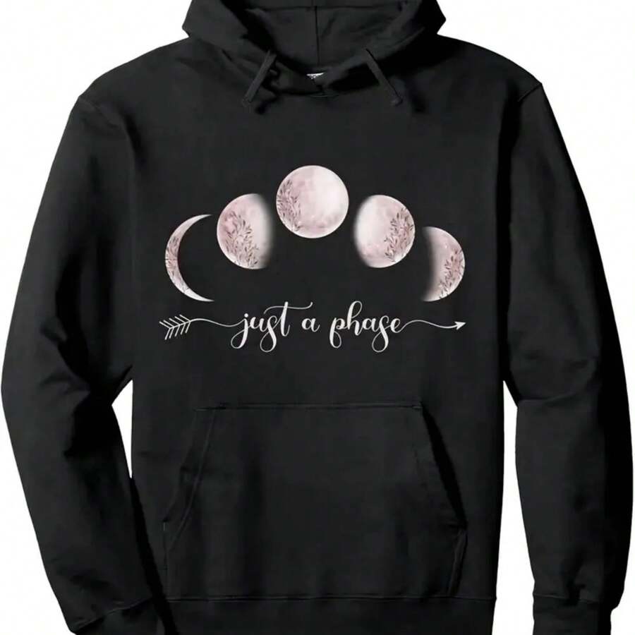 Vibrant Wildflower Moon Phases Hoodie - Fashion Hoodies With Lunar Design, Casual Four Seasons Wear, Soft Pullover Sweatshirt For Daily Outings And Outdoor Activities