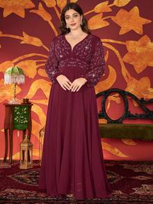 Plus Size V-Neck Solid Color Heavily Embellished With Rhinestones Elegant High Waisted Long Sleeve Dress - Burgundy - View 7