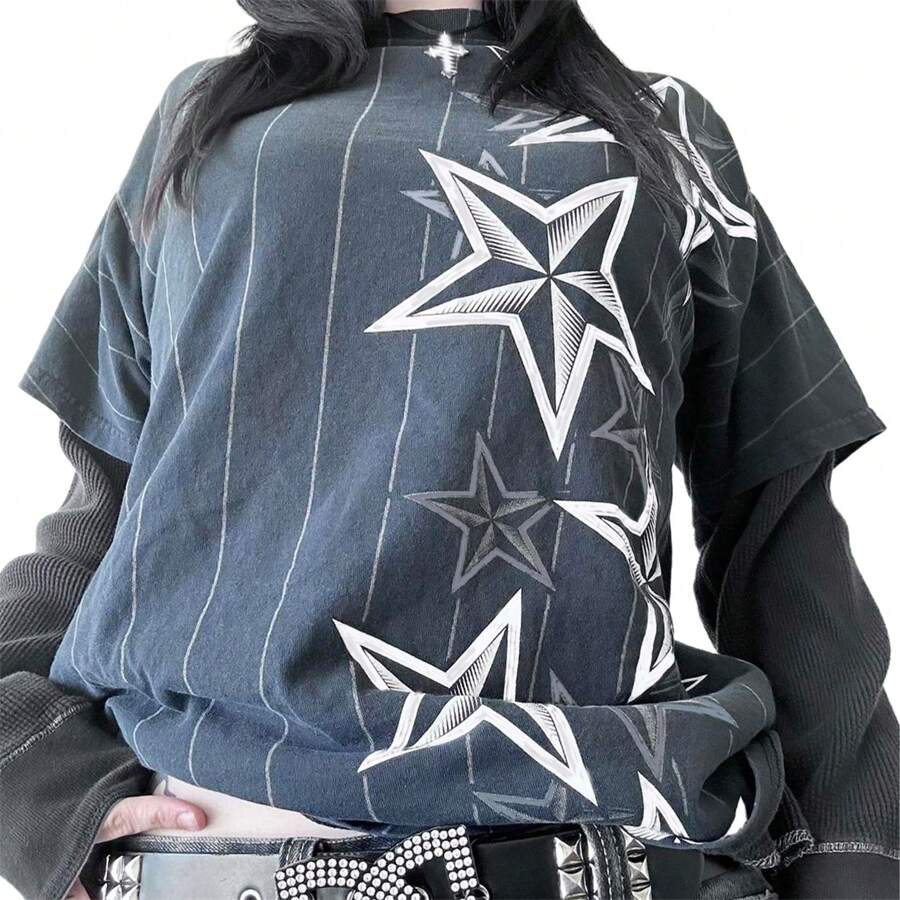 Y2k Gothic Graphic Tee Tops Women Vintage Skull Print Long Sleeve Baggy T Shirt Emo Fairy Grunge Shirts Aesthetic Emo Fairycore Streetwear - 霧霾藍 - 查看 1