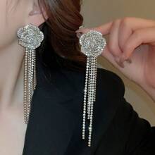 鑲水鑽花朵流蘇耳環