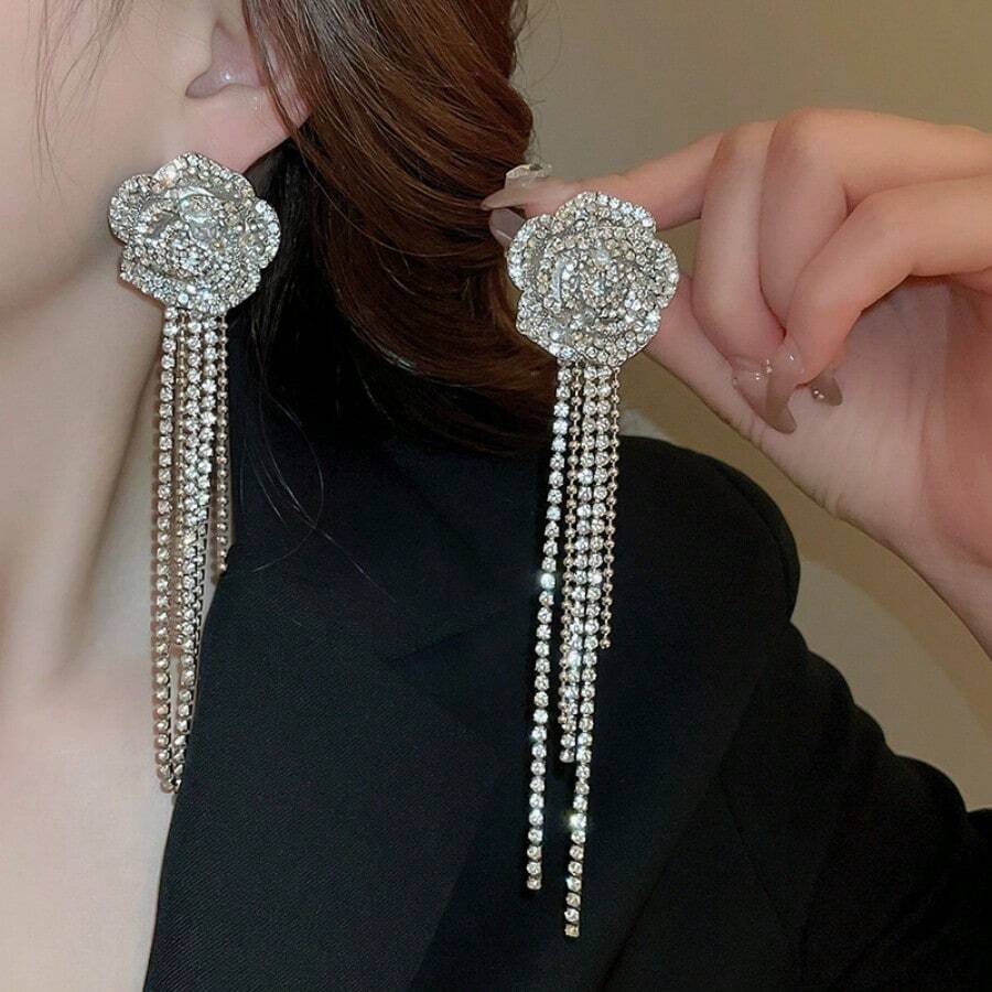 Andkiss 1 Cặp bông tai tua rua hoa pha lê, thích hợp để đeo hàng ngày - Bông tai tua rua đính đá giả - Xem 1