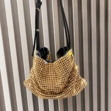 Juego de cartera y bolso de lujo de diseñador, embrague de noche con brillantes diamante de imitación, bolso de hombro minimalista con cadena - Dorado - Ver 6