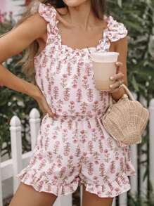 Women Floral Print Summer Set Square Neck Flutter Sleeve Loose Tank Tops Ruffled Shorts 2-Piece Outfits - Pink - View 3