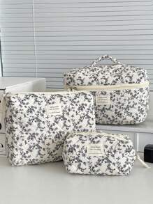 1 Pieza/Set Bolso de maquillaje estilo coreano con estampado floral diminuto negro y cordones decorativos Bolsa de almacenamiento grande y portátil multifuncional para cosméticos, cuidado de la piel, crema solar, esmalte de uñas, joyas, audífonos, artículos pequeños. Regalo ideal para damas de honor, cumpleaños, San Valentín, hermana, amante y amiga