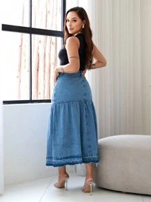 Women's Long Denim Skirt With Pockets - Rửa trung bình - Xem 4