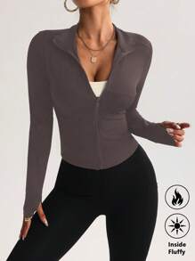 FWH Completo da allenamento slim-fit e traspirante per uso all'aperto, con protezione solare, cerniera, elasticizzato, semplice e snellente, di alta qualità, moda streetwear di base, elastico e casual, colore unico, valorizzante, elegante, aderente, con fodera termica, giacca da yoga a maniche lunghe