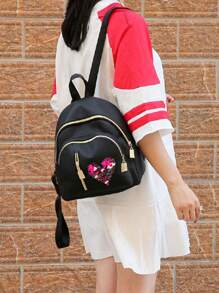 Printed Letter Valentine's Day New Craft Simple Versatile Backpack, Women Solid Color Nylon Material College Style Casual Ladies Bag - Black - View 3